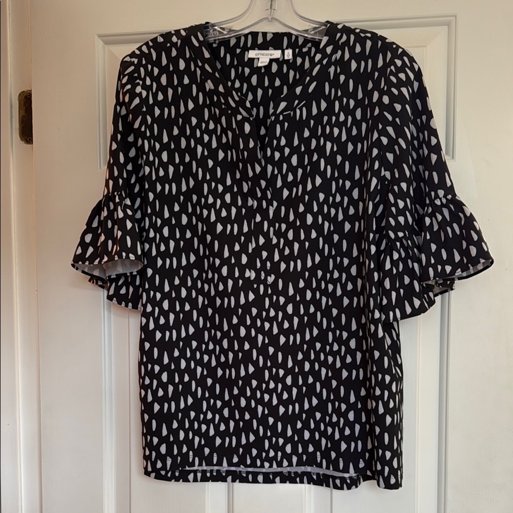 Chico's Black Top with White Abstract Dot Print